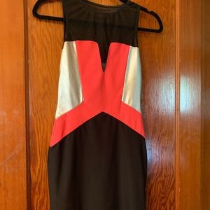 Black, red, silver mini dress with mesh cut outs
